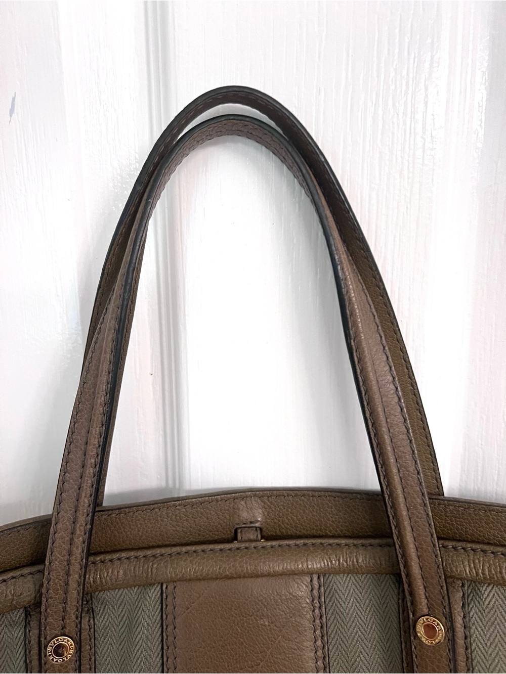 Bulgari Collezione Canvas and Leather Olive Green Tote - Picture 4 of 14
